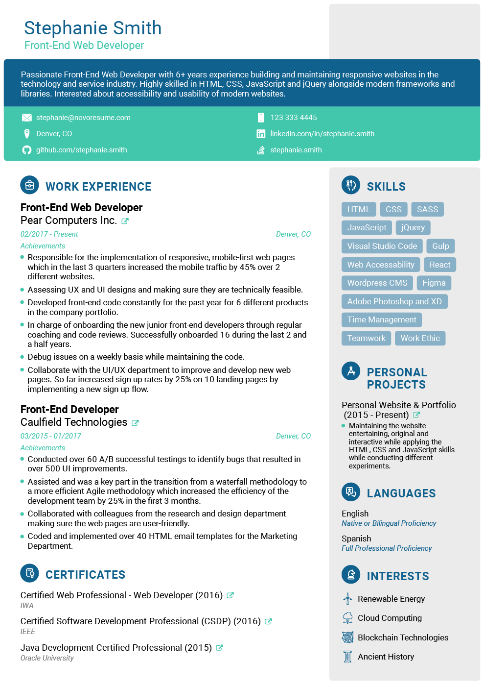 certified Web Developer Resume Example