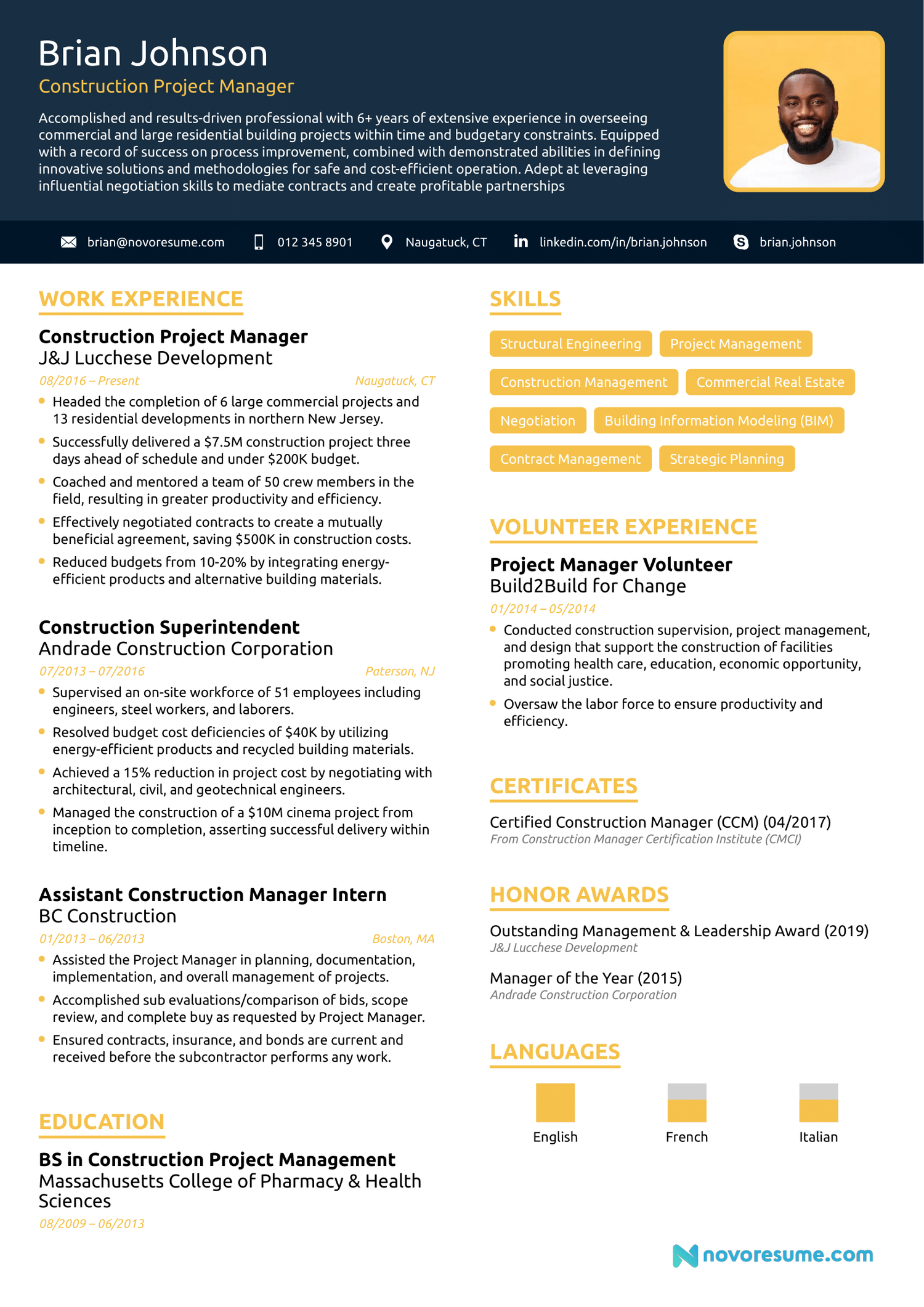 Construction Project Manager CV Example