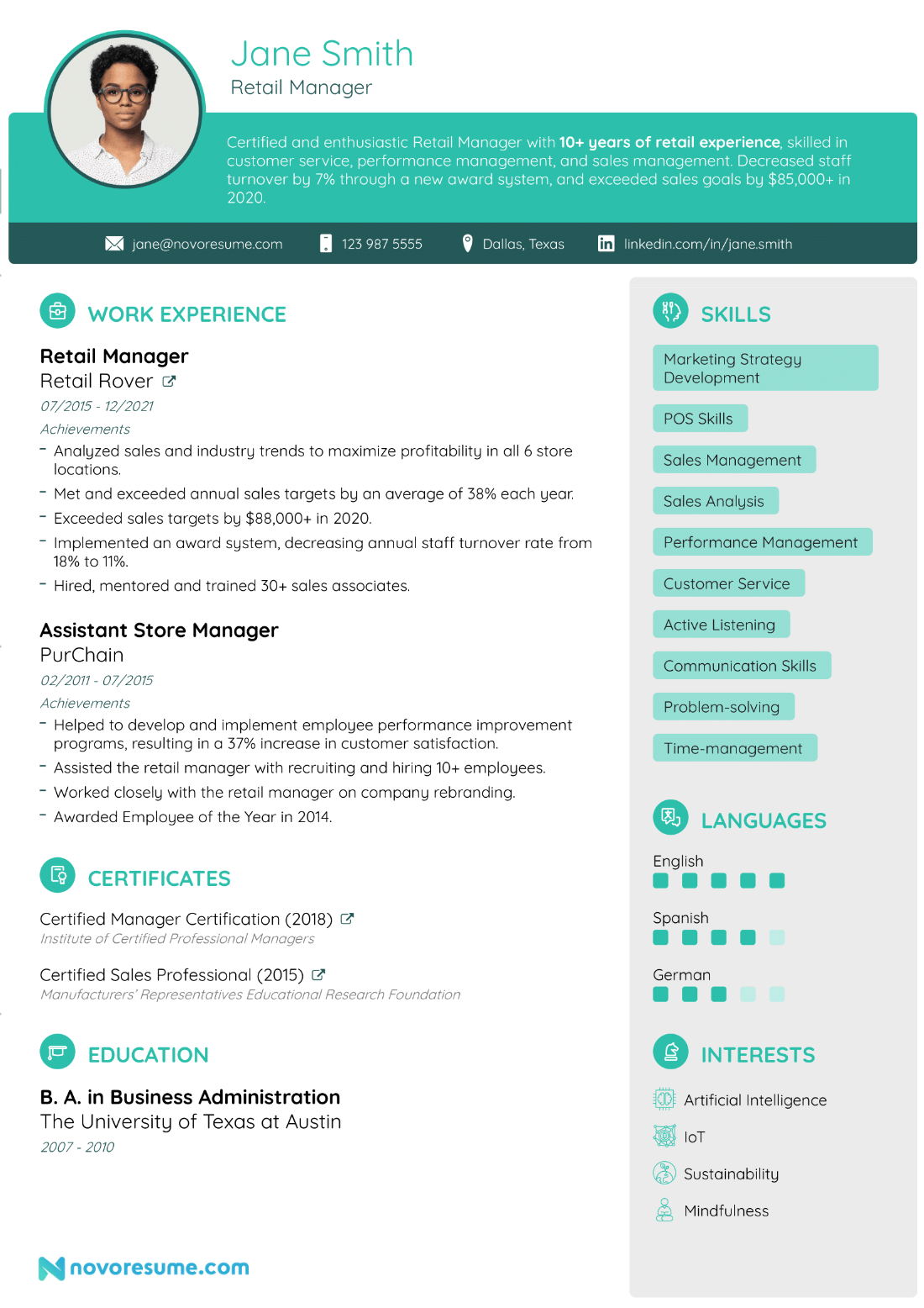 Retail Manager Resume Example